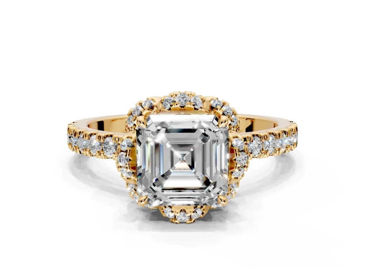 Floral Halo Engagement Ring Setting for Asscher Cut Center with Pave Band and Prong Head in Yellow Gold