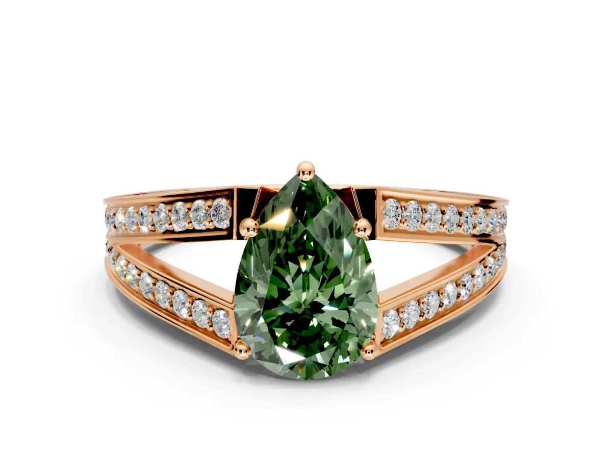Split Shank Engagement Ring Setting for Fancy Green Pear-Shaped Center with Pave Split Shank and Prong Head in Rose Gold
