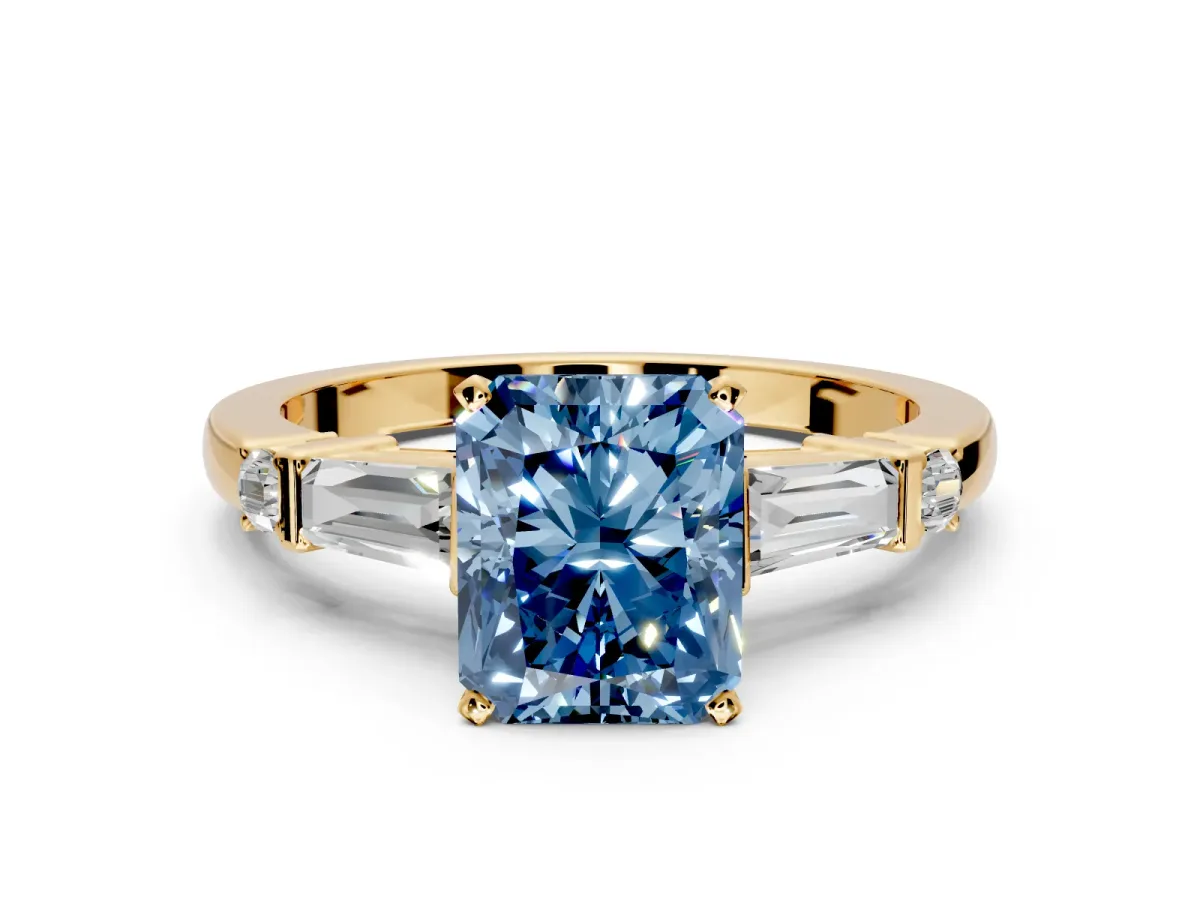Bar-Set Engagement Ring Setting for Fancy Blue Radiant Cut Center with Tapered Baguette Accents and Prong Head in Yellow Gold