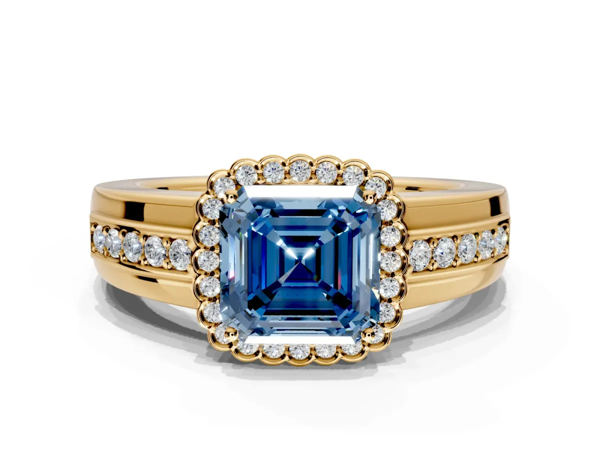 Halo Engagement Ring Setting for Fancy Blue Asscher Cut Center with Wide Band, Inlaid Accent Row and Prong Head in Yellow Gold