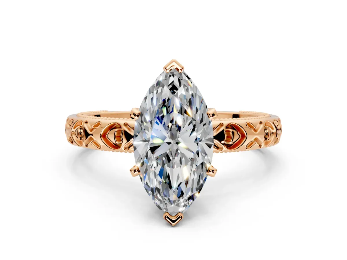 Solitaire Engagement Ring Setting for Marquise Center with XO Engraved Band and Prong Head in Rose Gold