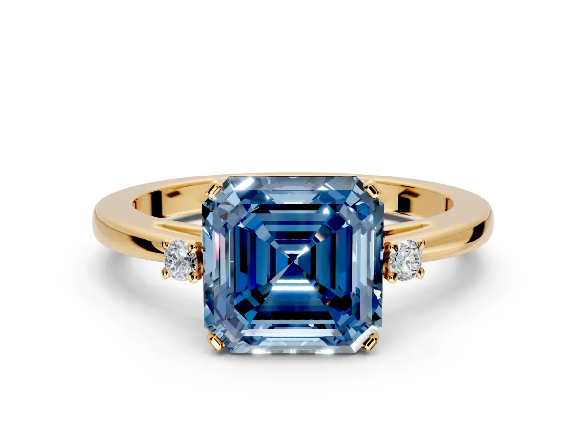 3 Stone Engagement Ring Setting for Fancy Blue Asscher Cut Center with Low-Set Round Cut Accents and Prong Head in Yellow Gold