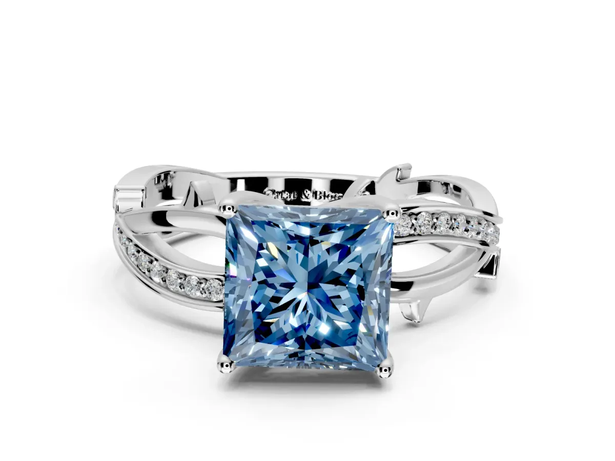 Solitaire Engagement Ring Setting for Fancy Blue Princess Cut Center with Pave and Plain Crossover Band and Prong Head in White Gold