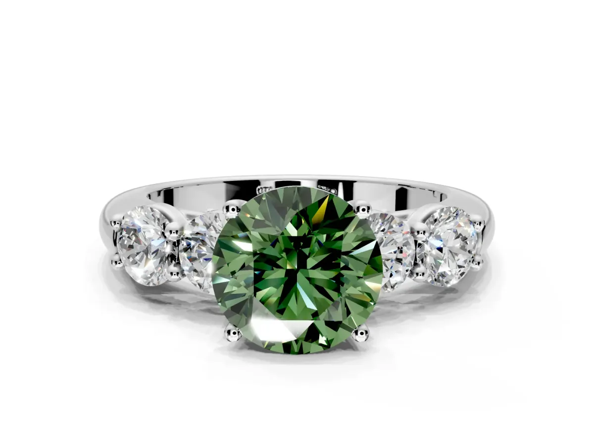 5 Stone Engagement Ring Setting for Fancy Green Round Cut Center with Graduated Accents and Prong Head in Sterling Silver