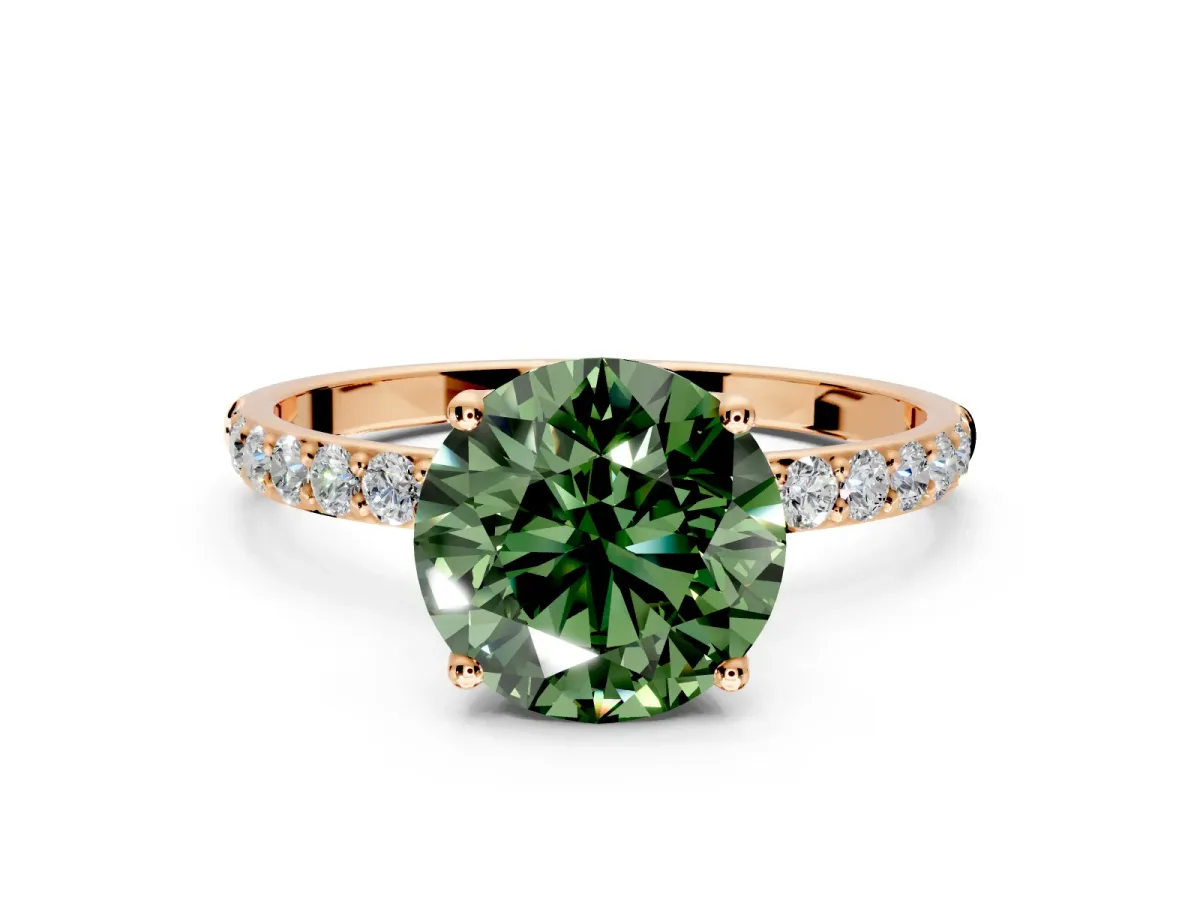 Solitaire Engagement Ring Setting for Fancy Green Round Cut Center with Fine Pave Accents and Prong Head in Rose Gold