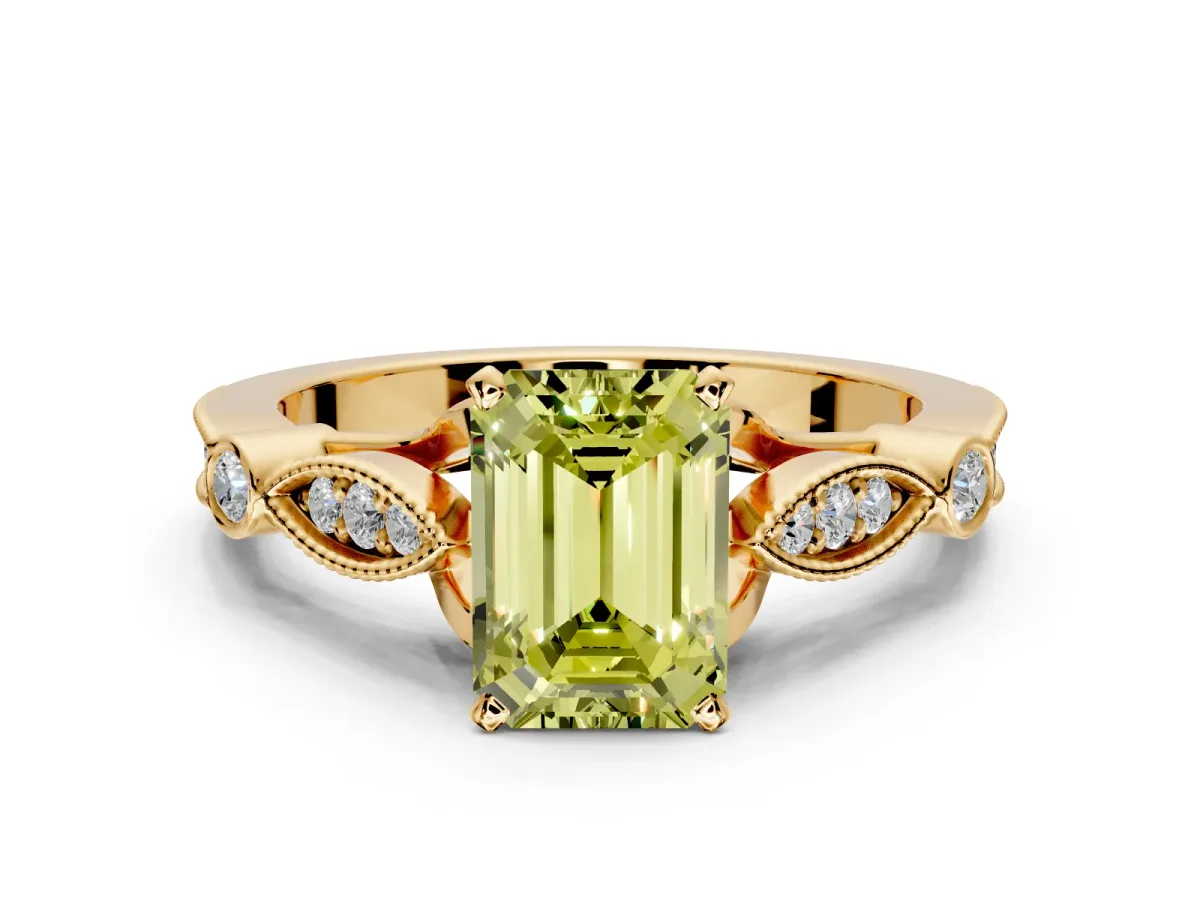 Solitaire Engagement Ring Setting for Fancy Yellow Emerald Cut Center with Marquise and Bezel Accents and Prong Head in Yellow Gold