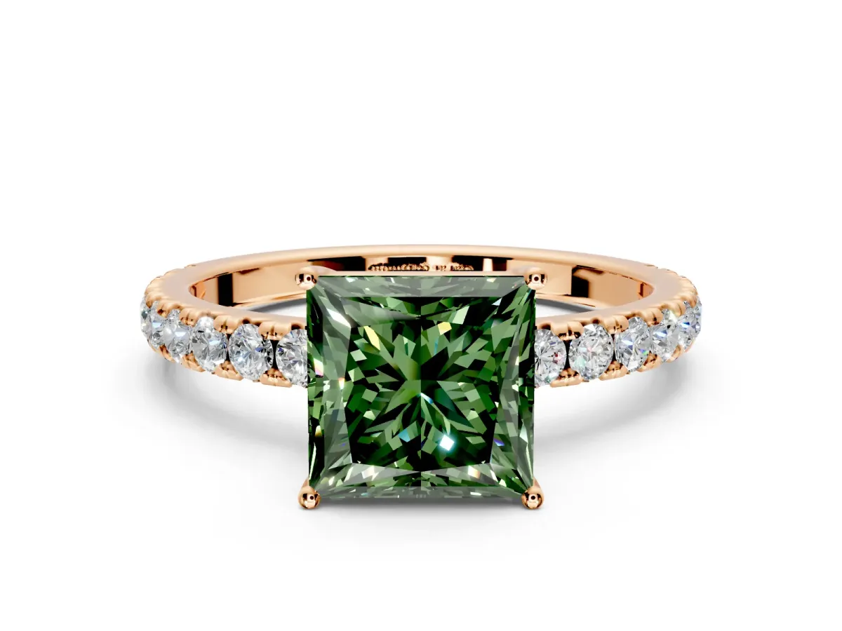 Solitaire Engagement Ring Setting for Fancy Green Princess Cut Center with Large Accent Band and Prong Head in Rose Gold