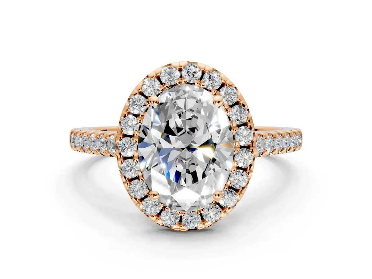 Halo Engagement Ring Setting for Oval Center with Raised Halo, Pave Band and Prong Head in Rose Gold