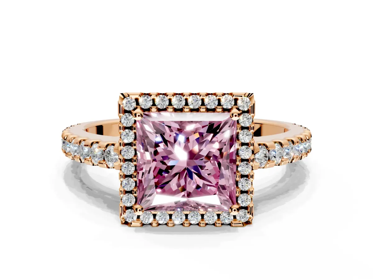 Accent Halo Engagement Ring Setting for Fancy Pink Princess Cut Center with Full-Length Pave Band and Prong Head in Rose Gold