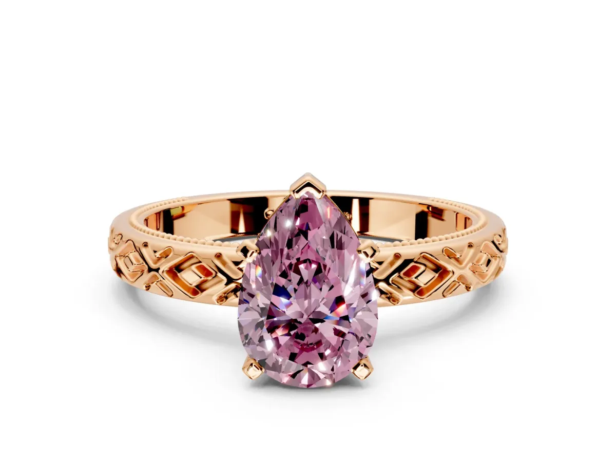 Solitaire Engagement Ring Setting for Fancy Pink Pear-Shaped Center with Milgrain X Pattern Band and Prong Head in Rose Gold