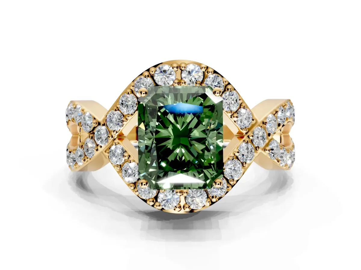 Halo Engagement Ring Setting for Fancy Green Radiant Cut Center with Pave Infinity Twist Band and Prong Head in Yellow Gold