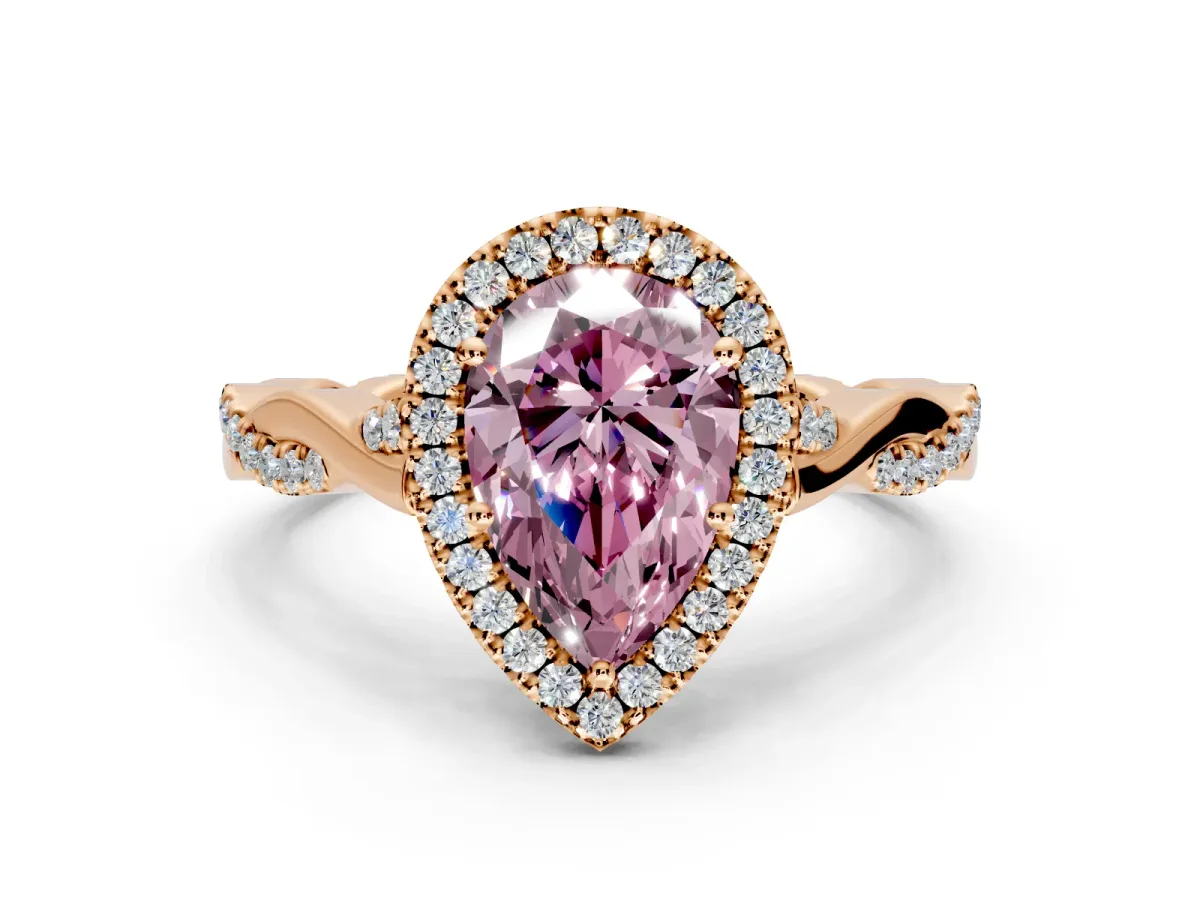 Halo Engagement Ring Setting for Fancy Pink Pear-Shaped Center with Twist Band and Prong Head in Rose Gold