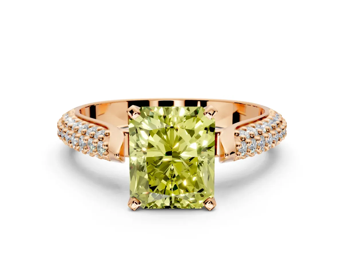 Solitaire Engagement Ring Setting for Fancy Yellow Radiant Cut Center with Multi-Row Accents and Prong Head in Rose Gold
