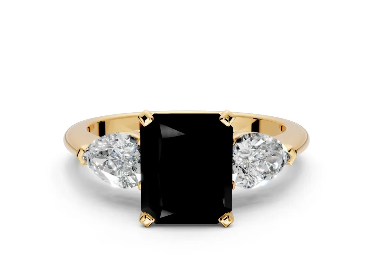 3 Stone Engagement Ring Setting for Fancy Black Radiant Cut Center with Large Pear-Shaped Accents and Prong Head in Yellow Gold