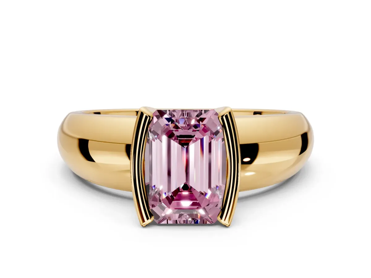 Tension Engagement Ring Setting for Fancy Pink Emerald Cut Center with Wide Flat Band and Tension Head in Yellow Gold