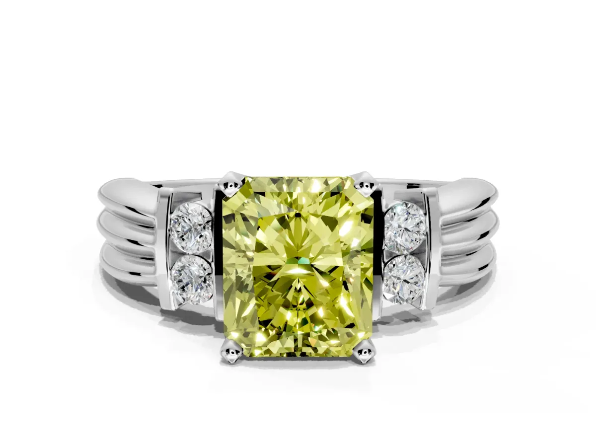 Solitaire Engagement Ring Setting for Fancy Yellow Radiant Cut Center with Grooved Bar Accent Band and Prong Head in White Gold