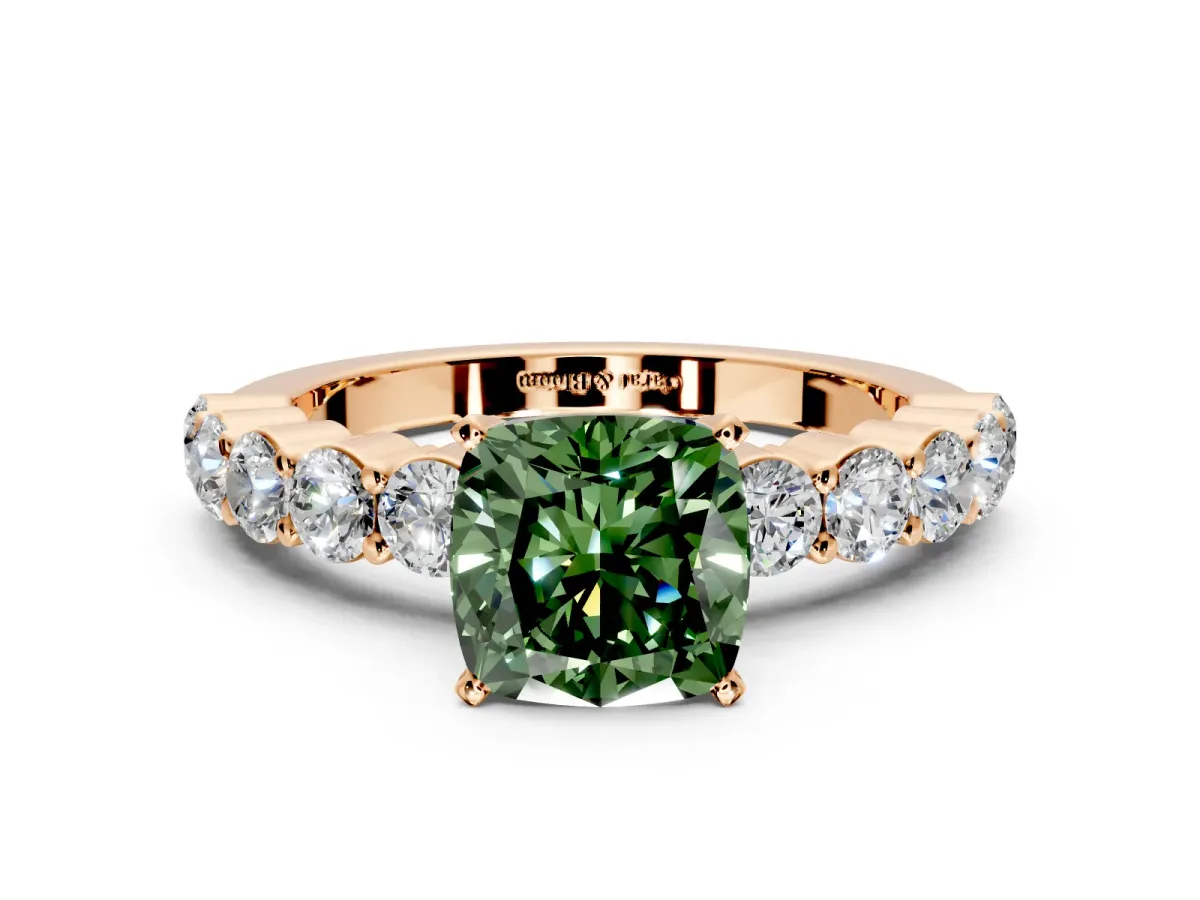Shared-Prong Engagement Ring Setting for Fancy Green Cushion Cut Center with Graduated Accents and Prong Head in Rose Gold
