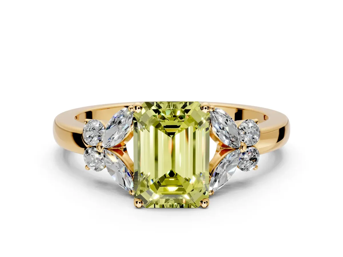 Solitaire Engagement Ring Setting for Fancy Yellow Emerald Cut Center with Marquise Flower Shoulders and Prong Head in Yellow Gold