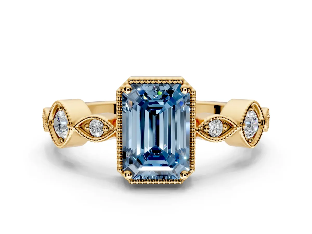 Vintage Station Engagement Ring Setting for Fancy Blue Emerald Cut Center with Accents and Prong Head in Yellow Gold