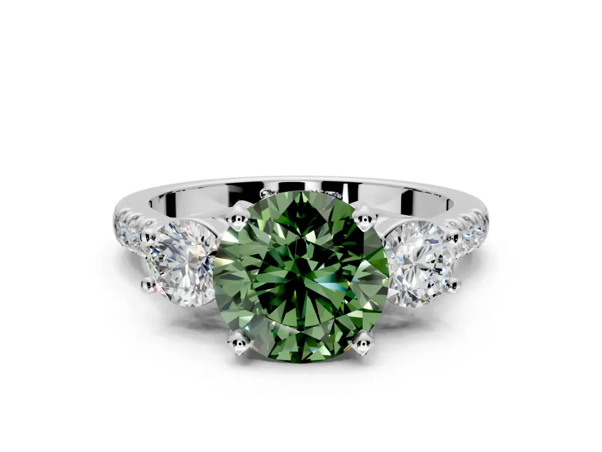 3 Stone Engagement Ring Setting for Fancy Green Round Cut Center with Crossover Basket, Pave Band and Prong Head in Platinum