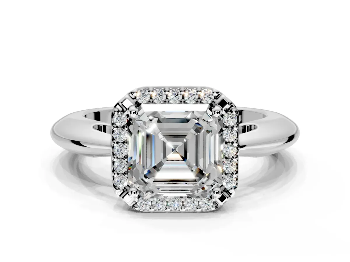 Halo Engagement Ring Setting for Asscher Cut Center with Tapered Plain Band and Prong Head in Platinum