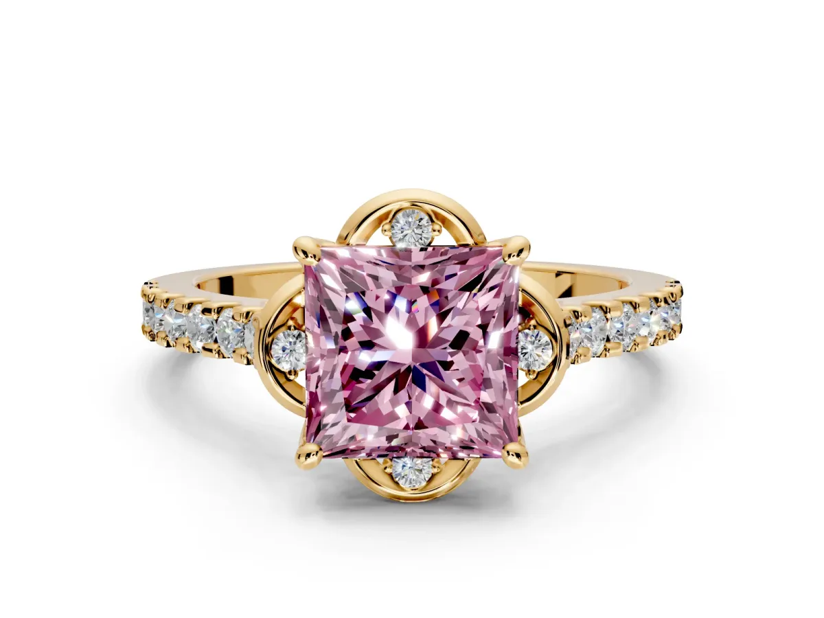 Floral Engagement Ring Setting for Fancy Pink Princess Cut Center with Pave Band and Floral Prong Head in Yellow Gold