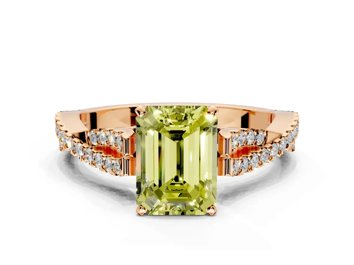 Solitaire Engagement Ring Setting for Fancy Yellow Emerald Cut Center with Twisted Pave Split Shank and Prong Head in Rose Gold