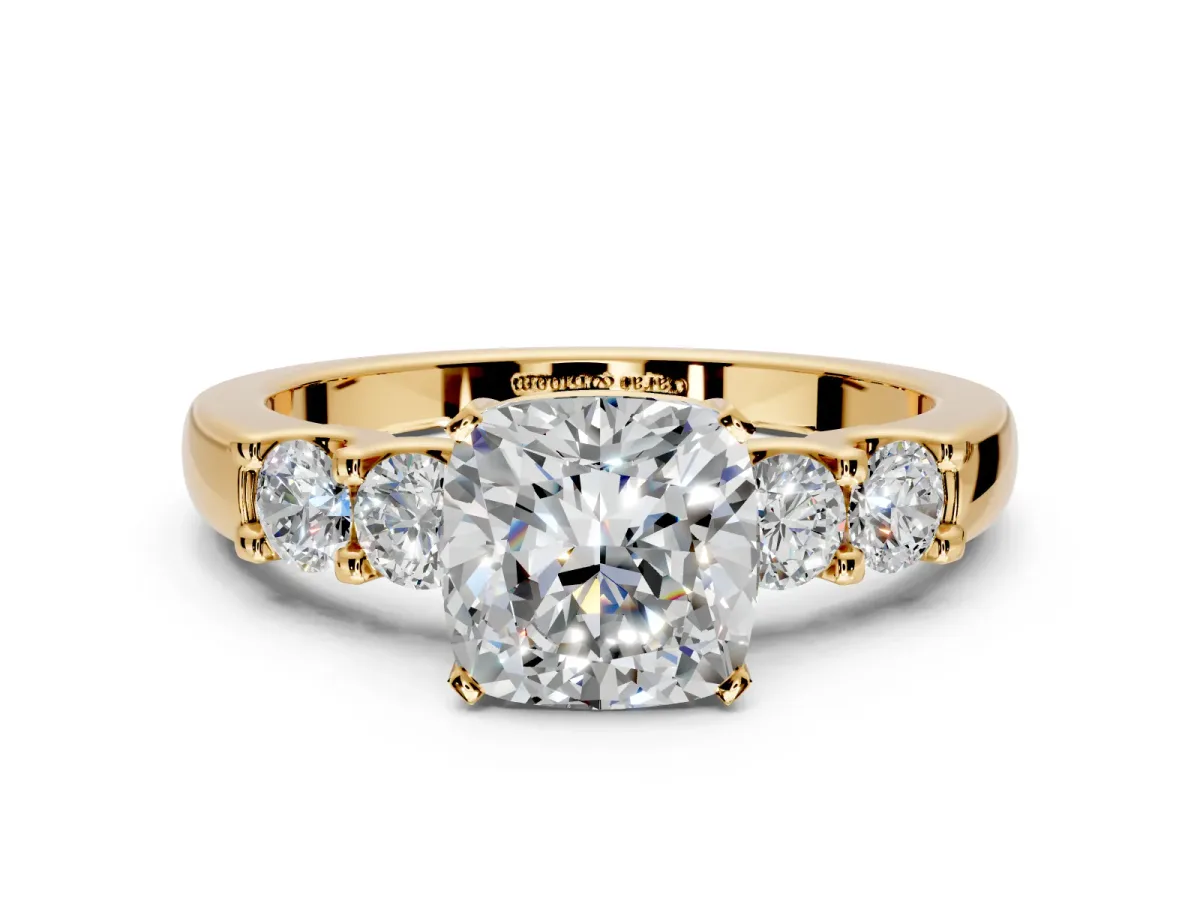 5 Stone Engagement Ring Setting for Cushion Cut Center with Plain Band and Prong Head in Yellow Gold