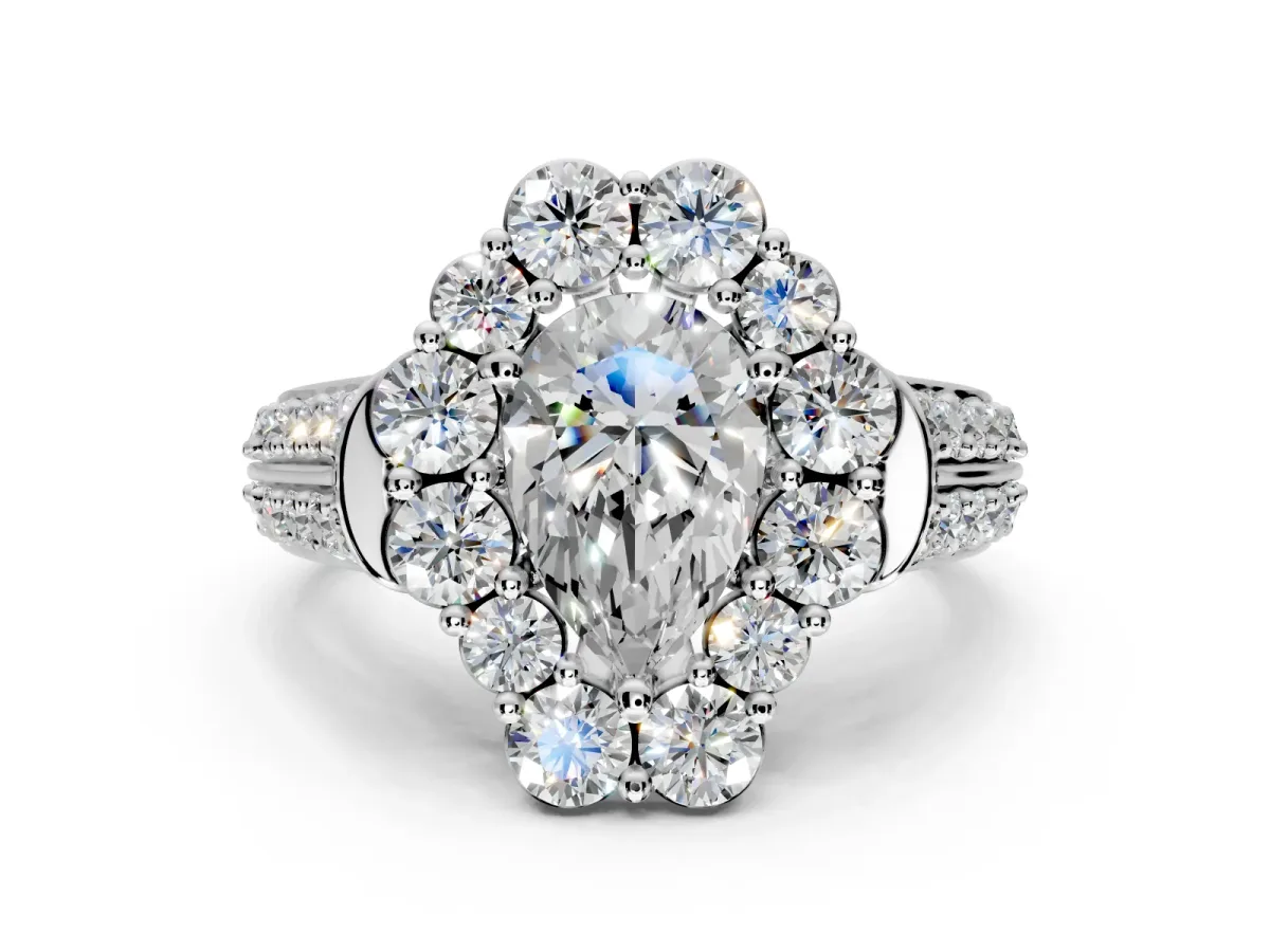 Large Accent Halo Engagement Ring Setting for Pear-Shaped Center with Pave Split Shank and Prong Head in White Gold