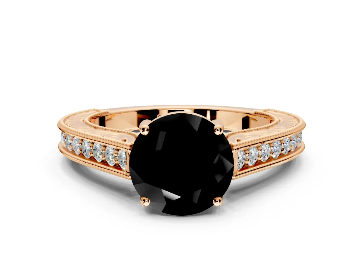 Solitaire Engagement Ring Setting for Fancy Black Round Cut Center with Engraved Pave Band and Prong Head in Rose Gold
