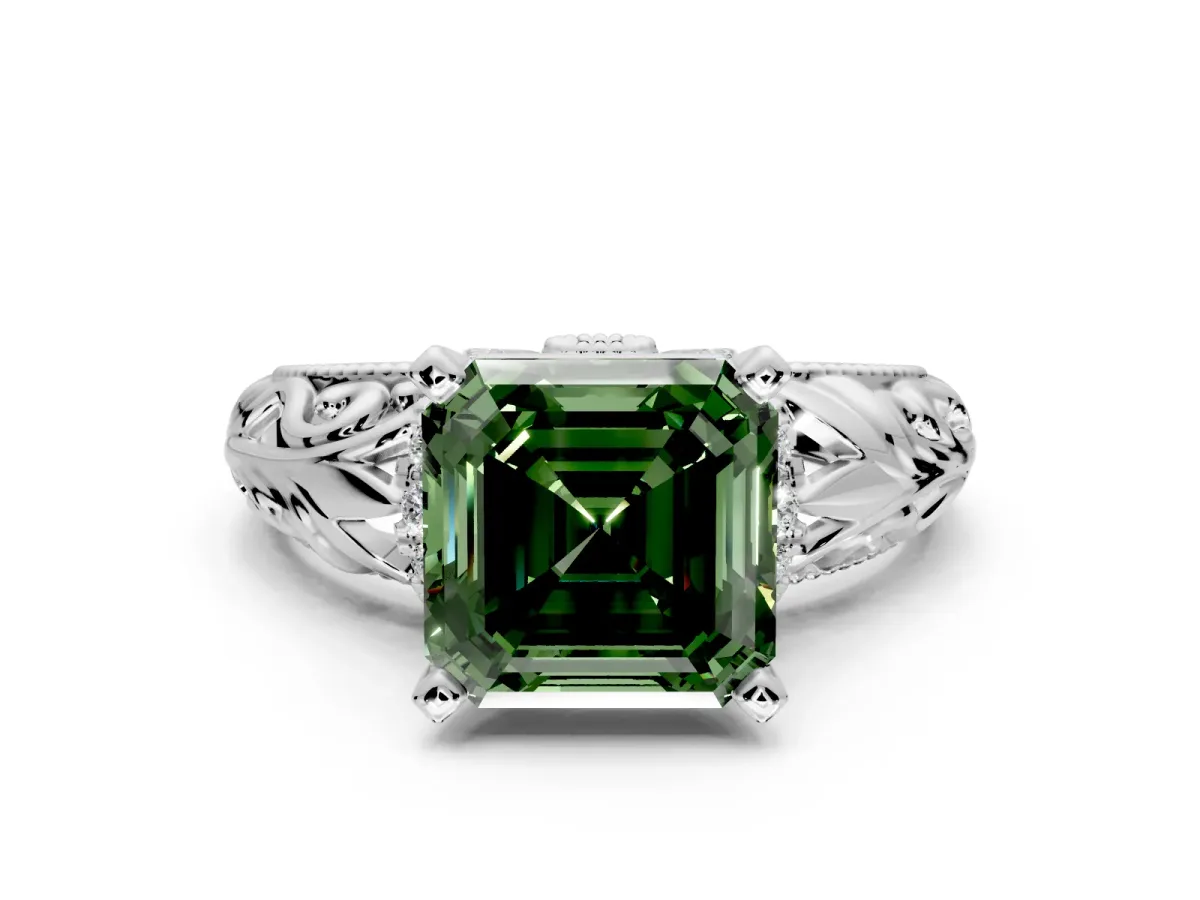 Solitaire Engagement Ring Setting for Fancy Green Asscher Cut Center with Filigree Accent Basket and Prong Head in Platinum