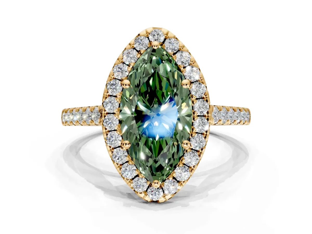 Halo Engagement Ring Setting for Fancy Green Marquise Center with Narrowing Pave Band and Prong Head in Yellow Gold