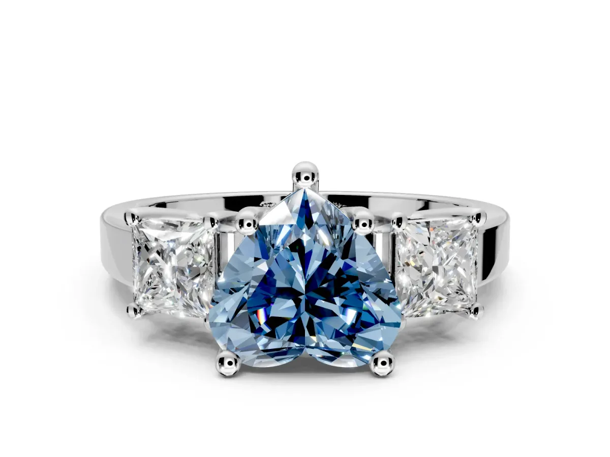 3 Stone Engagement Ring Setting for Fancy Blue Heart-Shaped Center with Matching Side Accents and Prong Head in Sterling Silver
