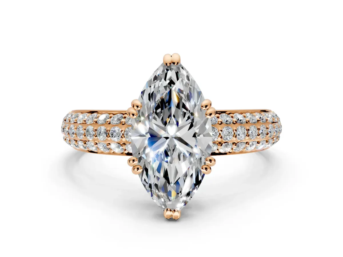 Solitaire Engagement Ring Setting for Marquise Center with Multi-Row Pave Accents and Basket Head in Rose Gold