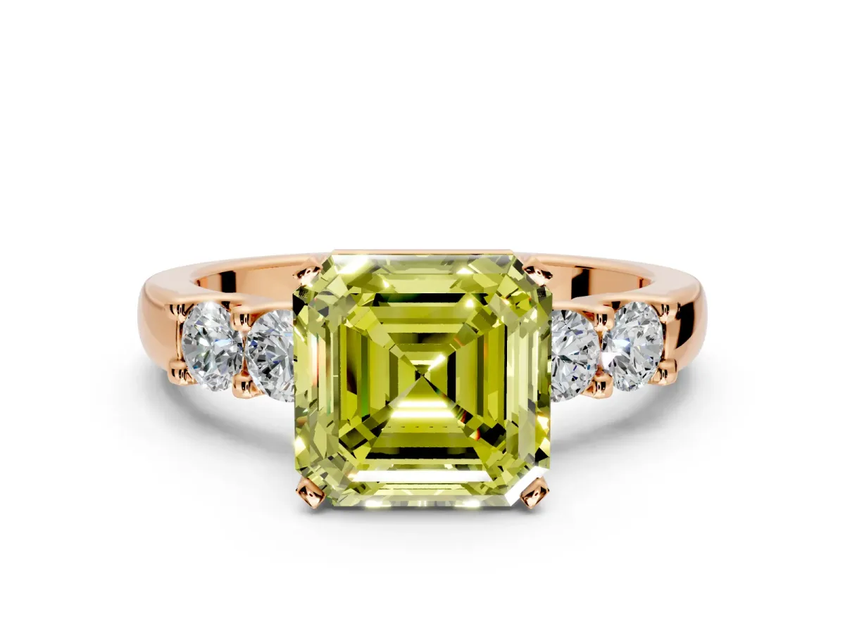5 Stone Engagement Ring Setting for Fancy Yellow Asscher Cut Center with Plain Band and Prong Head in Rose Gold