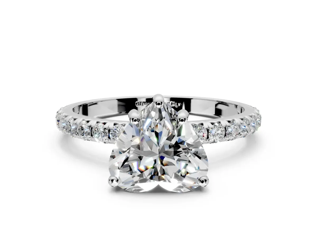 Solitaire Engagement Ring Setting for Heart-Shaped Center with Micro Pave Band and Prong Head in White Gold