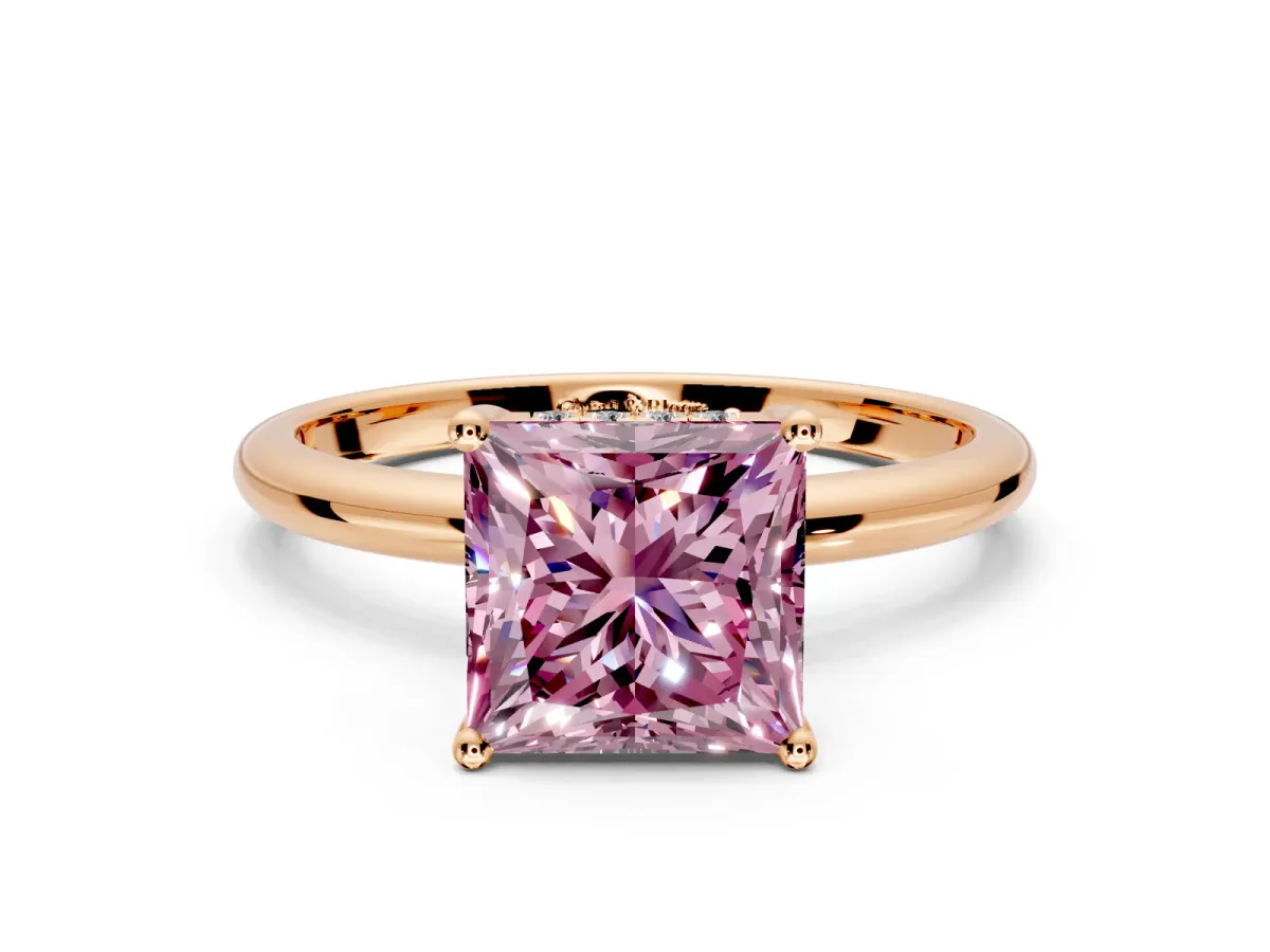 Hidden Halo Engagement Ring Setting for Fancy Pink Princess Cut Center with Thin Round-Wire Band and Prong Head in Rose Gold