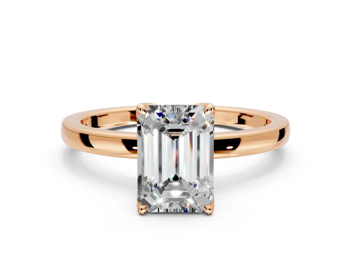 Solitaire Engagement Ring Setting for Emerald Cut Center with Thin Rounded Plain Band and Prong Head in Rose Gold
