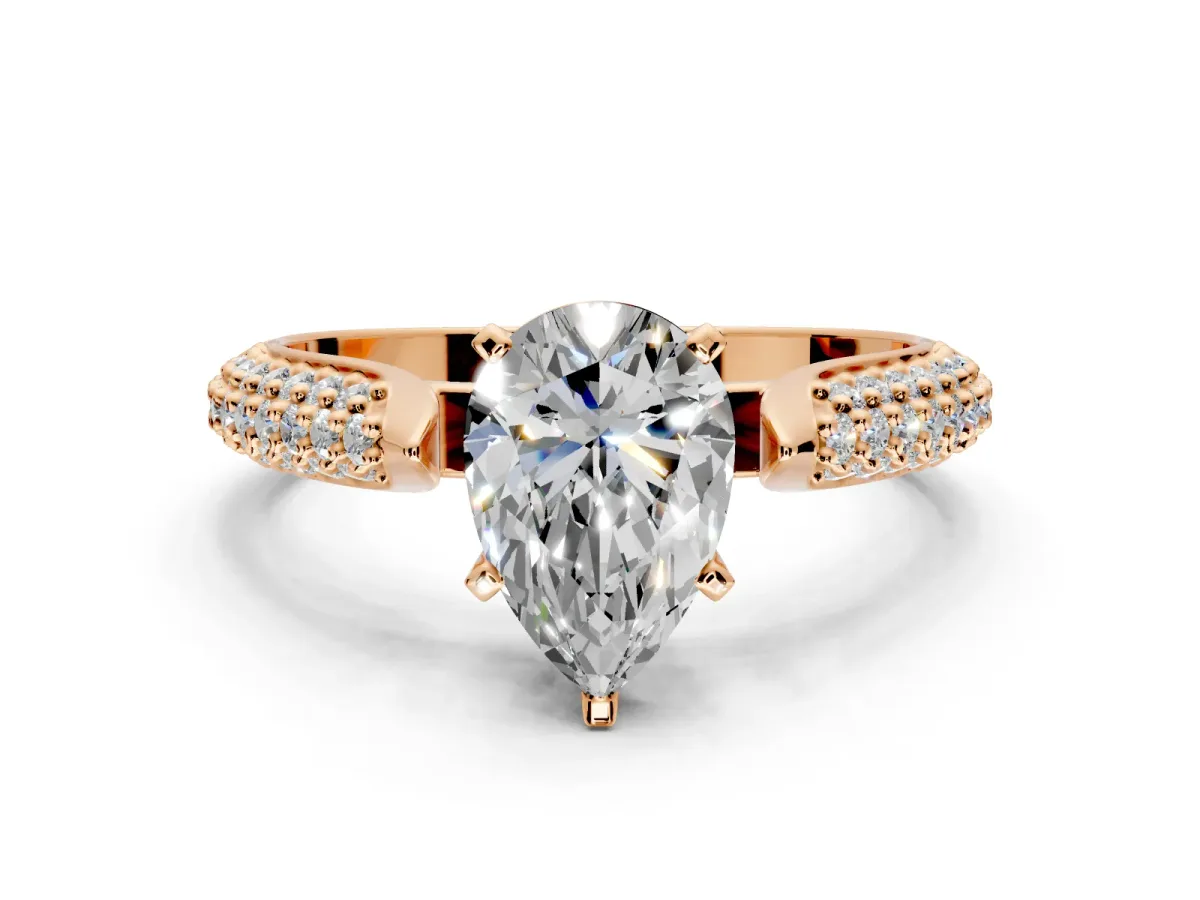 Solitaire Engagement Ring Setting for Pear-Shaped Center with Multi-Row Accents and Prong Head in Rose Gold