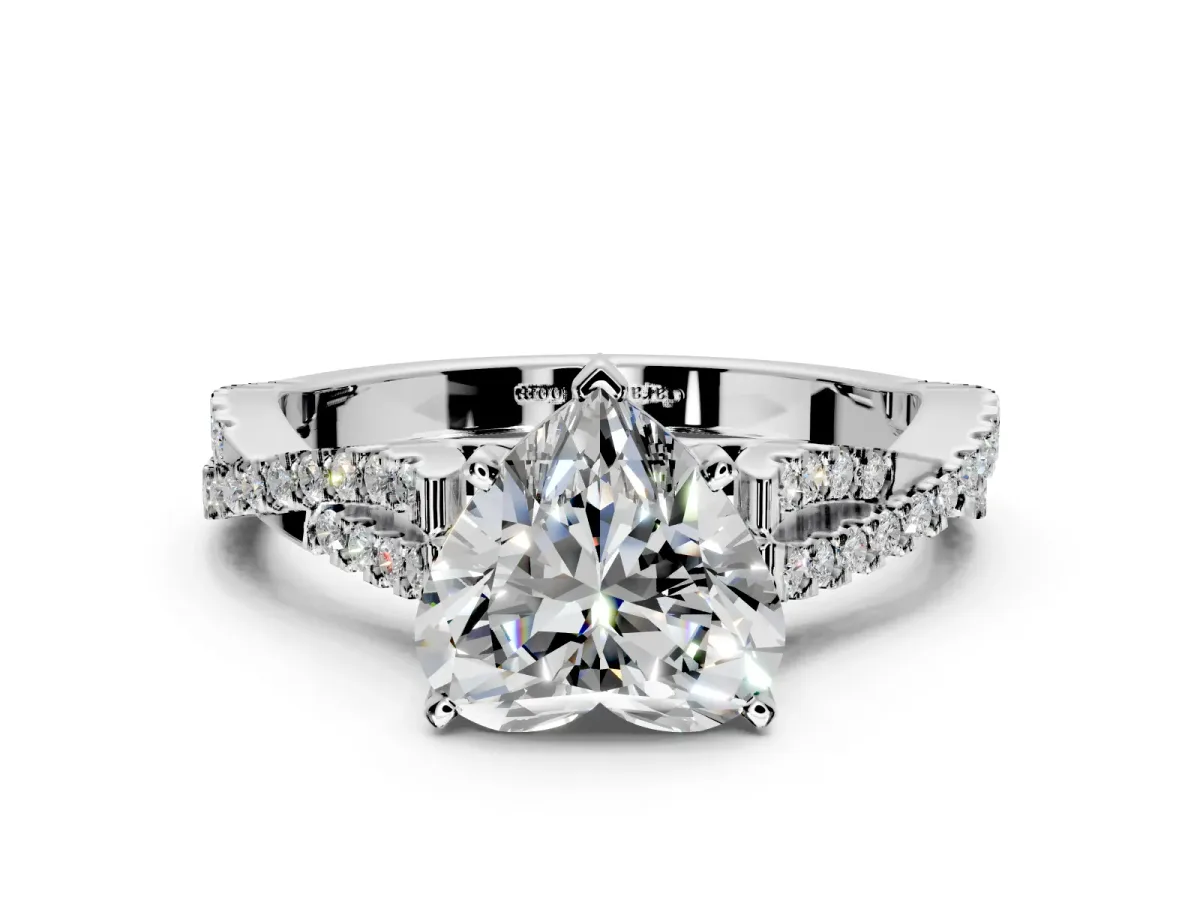Solitaire Engagement Ring Setting for Heart-Shaped Center with Twisted Pave Split Shank and Prong Head in Sterling Silver