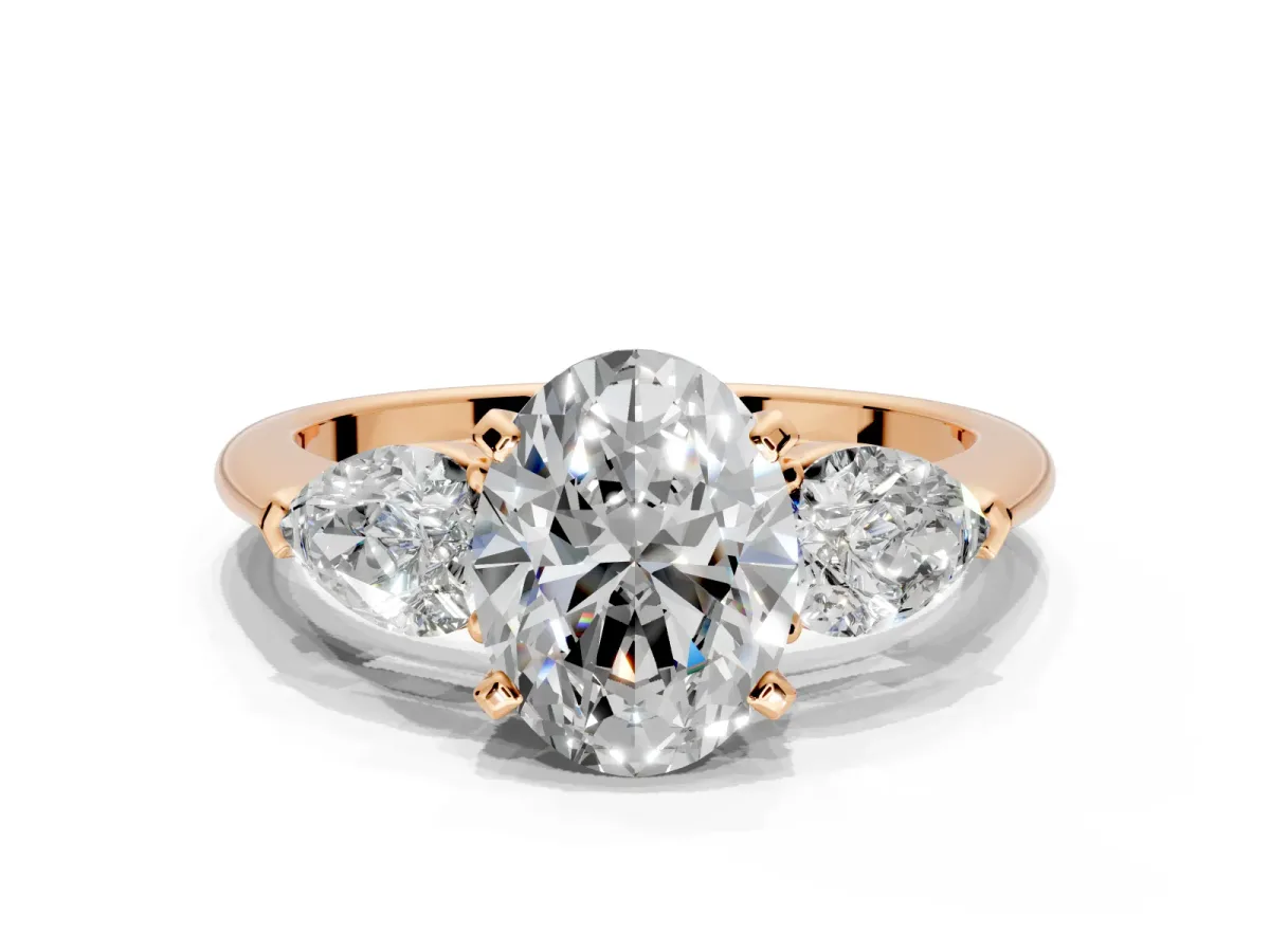 3 Stone Engagement Ring Setting for Oval Center with Large Pear-Shaped Accents and Prong Head in Rose Gold