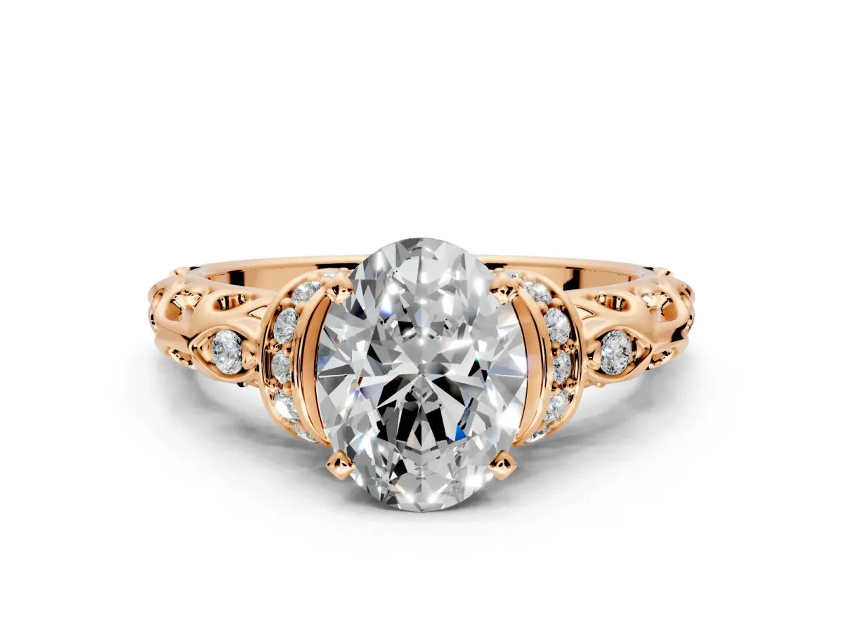 Solitaire Engagement Ring Setting for Oval Center with Filigree Band and Prong Head in Rose Gold