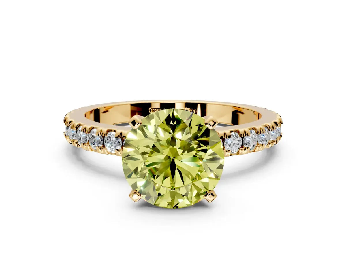 Solitaire Engagement Ring Setting for Fancy Yellow Round Cut Center with Fine Pave Band and Claw Prong Head in Yellow Gold