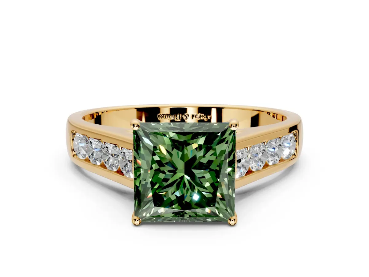 Solitaire Engagement Ring Setting for Fancy Green Princess Cut Center with Cathedral Channel Band and Prong Head in Yellow Gold