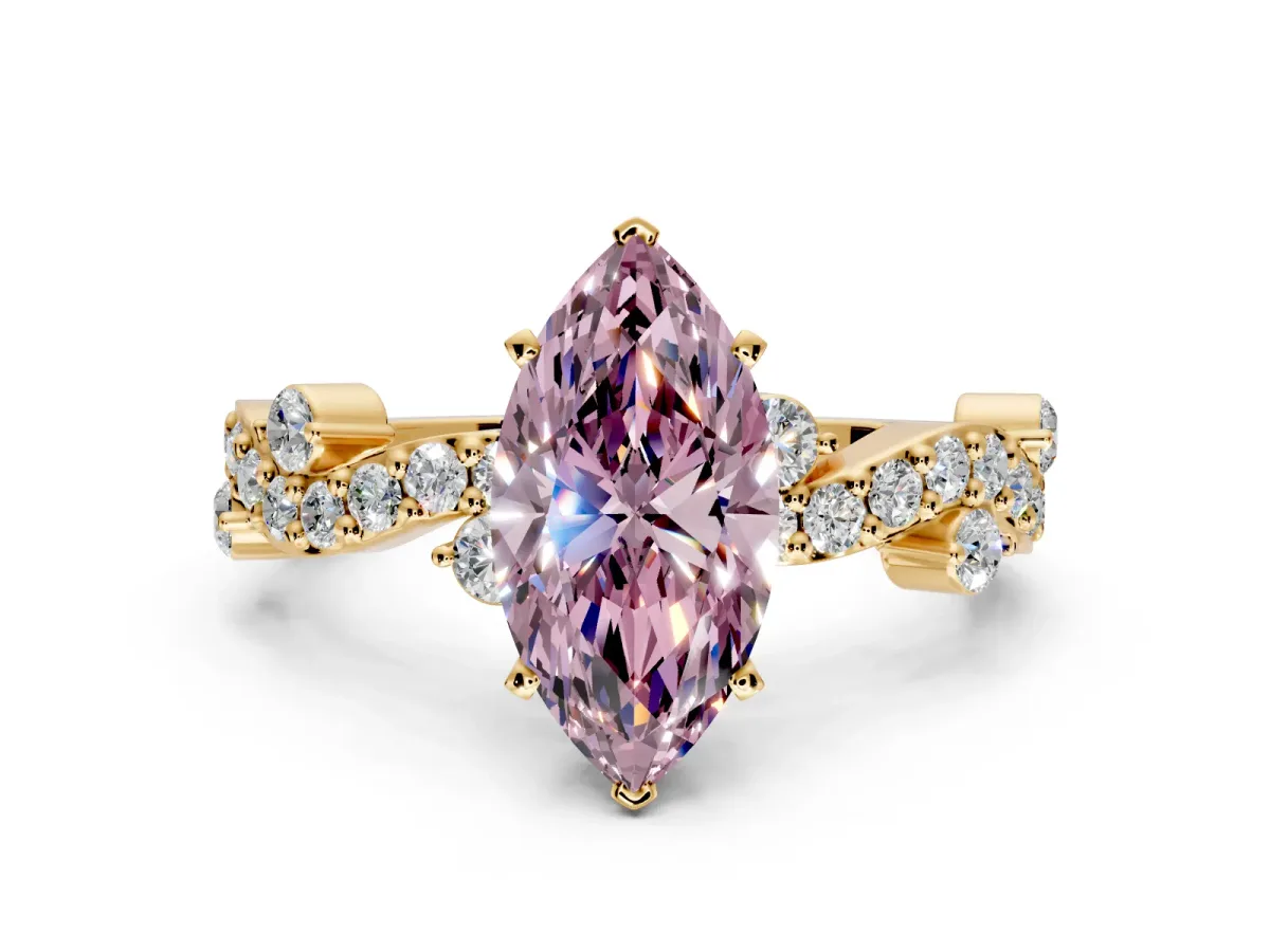Solitaire Engagement Ring Setting for Fancy Pink Marquise Center with Bar-Station Pave Twist and Prong Head in Yellow Gold