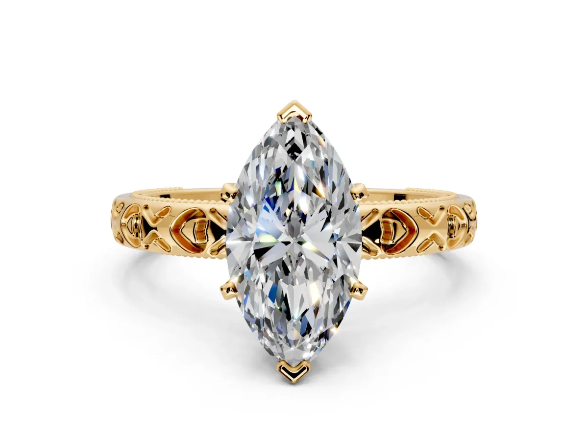 Solitaire Engagement Ring Setting for Marquise Center with XO Engraved Band and Prong Head in Yellow Gold