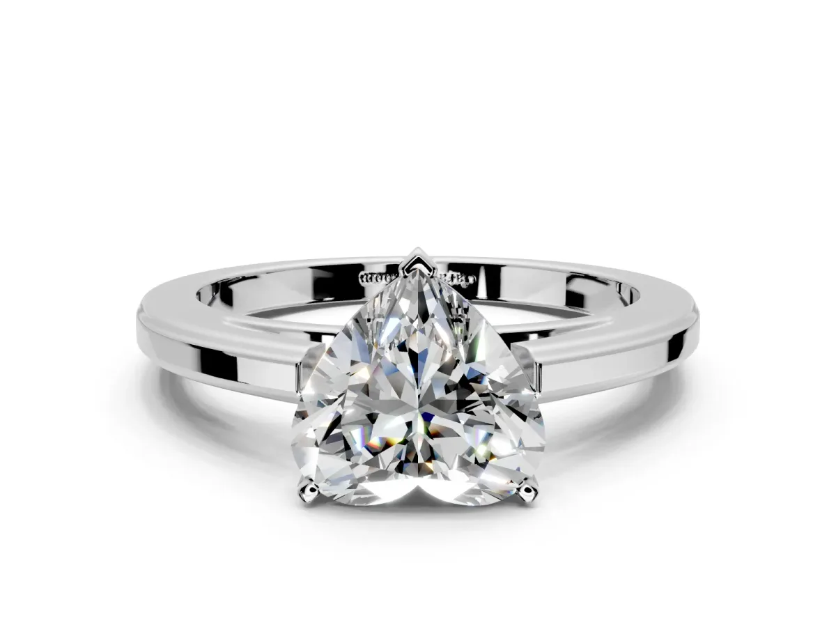 Solitaire Engagement Ring Setting for Heart-Shaped Center with Flat-Sided Plain Band and Prong Head in Platinum