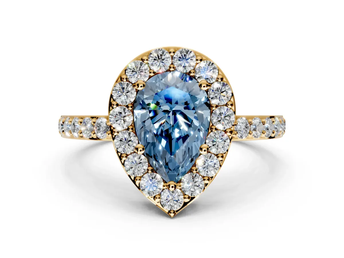 Halo Engagement Ring Setting for Fancy Blue Pear-Shaped Center with Heart-Shaped Openwork, Pave Band and Prong Head in Yellow Gold