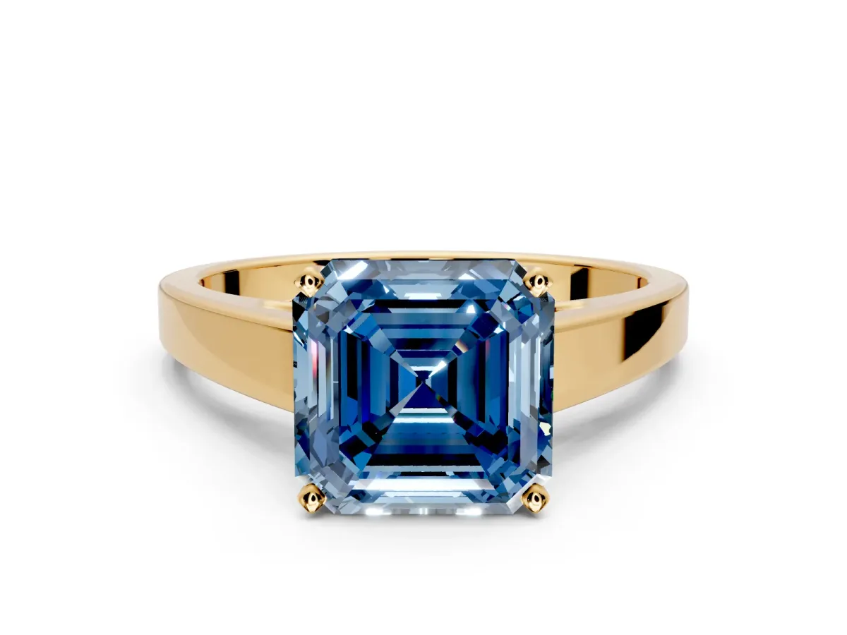 Solitaire Engagement Ring Setting for Fancy Blue Asscher Cut Center with Tapered Split Shoulders and Prong Head in Yellow Gold