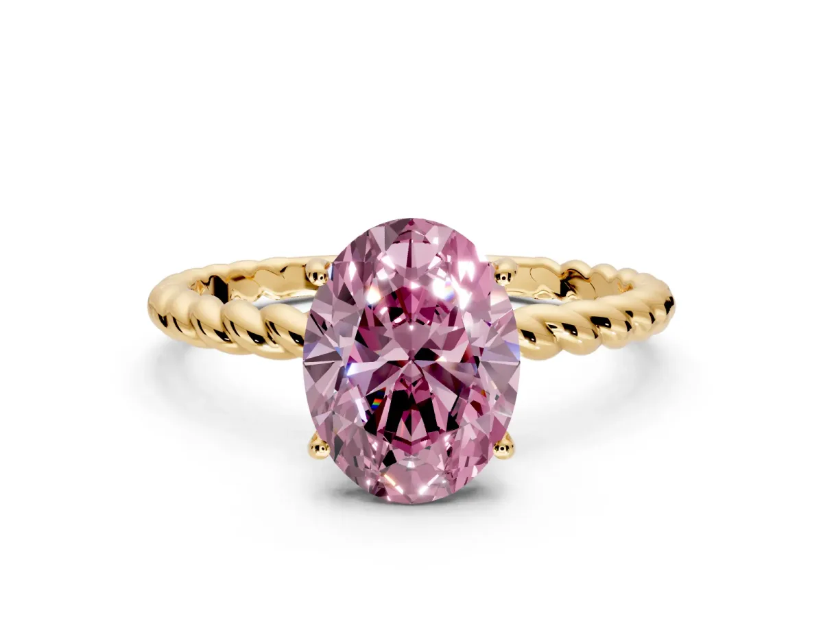 Solitaire Engagement Ring Setting for Fancy Pink Oval Center with Plain Twisted Rope Band and Prong Head in Yellow Gold